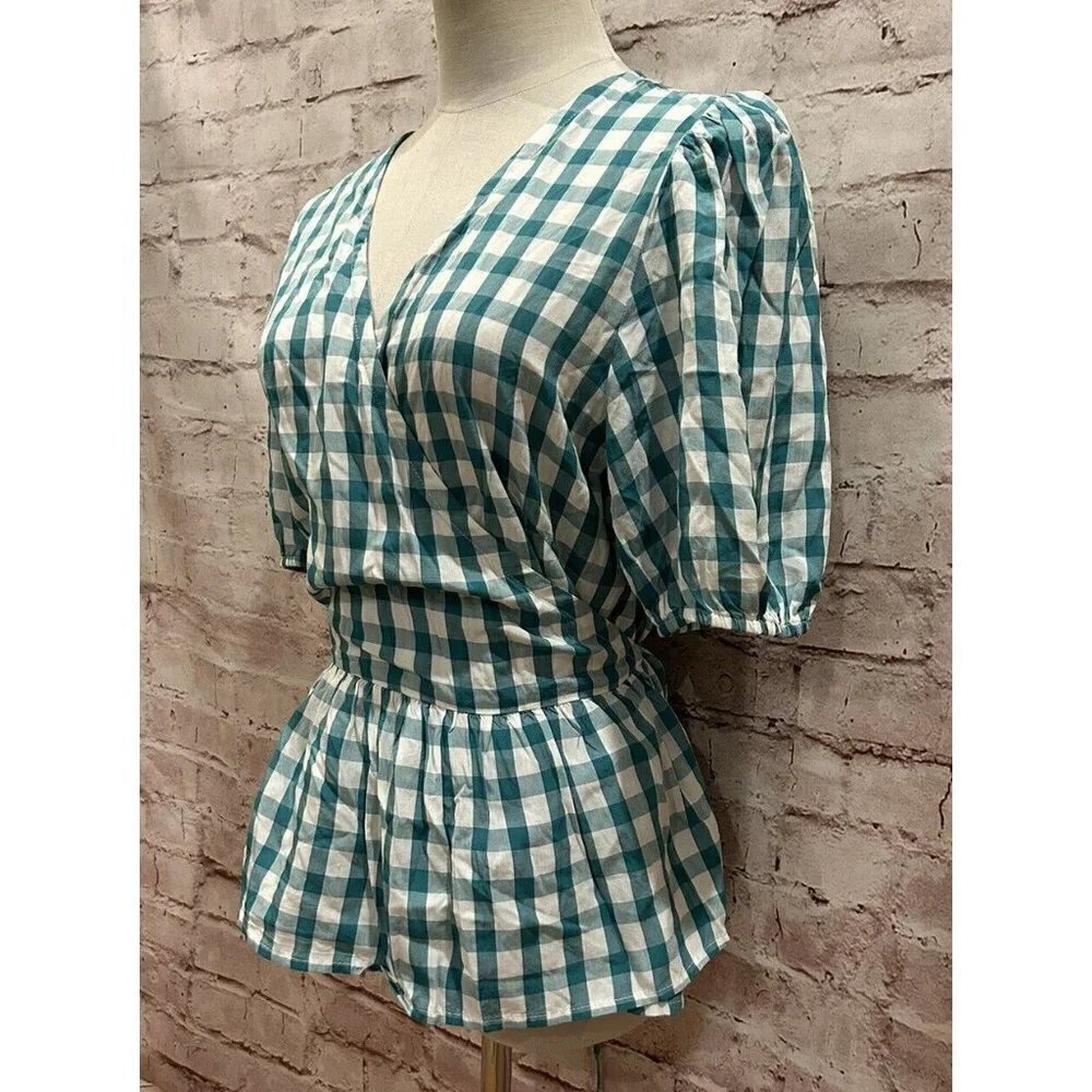 Loft Wrap Blouse Green Gingham Check Top Short Puff Sleeve Tie Waist Size S